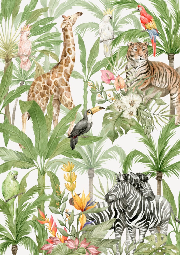 Tropical Jungle Animals Wallpaper, Peel and Stick Wallpaper, Self Adhesive Wall Mural, Wild Animals Mural, Wild Animals In Tropical Jungle