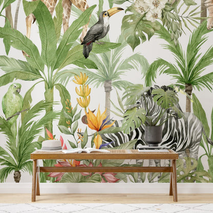 Tropical Jungle Animals Wallpaper, Peel and Stick Wallpaper, Self Adhesive Wall Mural, Wild Animals Mural, Wild Animals In Tropical Jungle