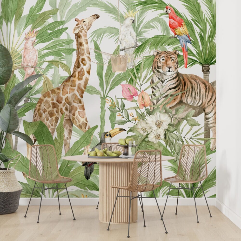 Tropical Jungle Animals Wallpaper, Peel and Stick Wallpaper, Self Adhesive Wall Mural, Wild Animals Mural, Wild Animals In Tropical Jungle