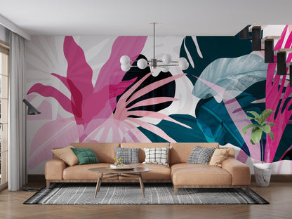 Tropical Leaves Wallpaper, Peel and Stick Mural, Home Decor, Pink Leaf Wall Mural, Removable Wallpaper, Wall Art Mural