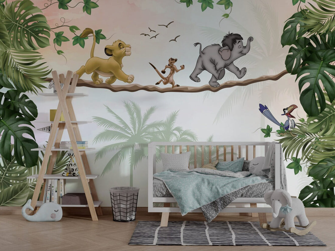 Simba and Friends Wallpaper, Peel and Stick Wallpaper, For Kids Mural, Nursery Wallpaper, Cute Cartoon Animals Mural, Lions Themed Wallpaper