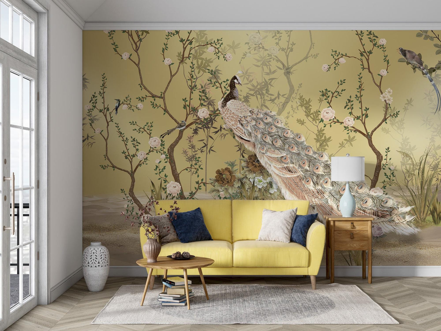 Chinoiserie Wallpaper, Blush and Gold Oriental wall Paper, Peel and Stick, Bird and Flowers Wallpaper, Asian Wall Mural, Papier Peint