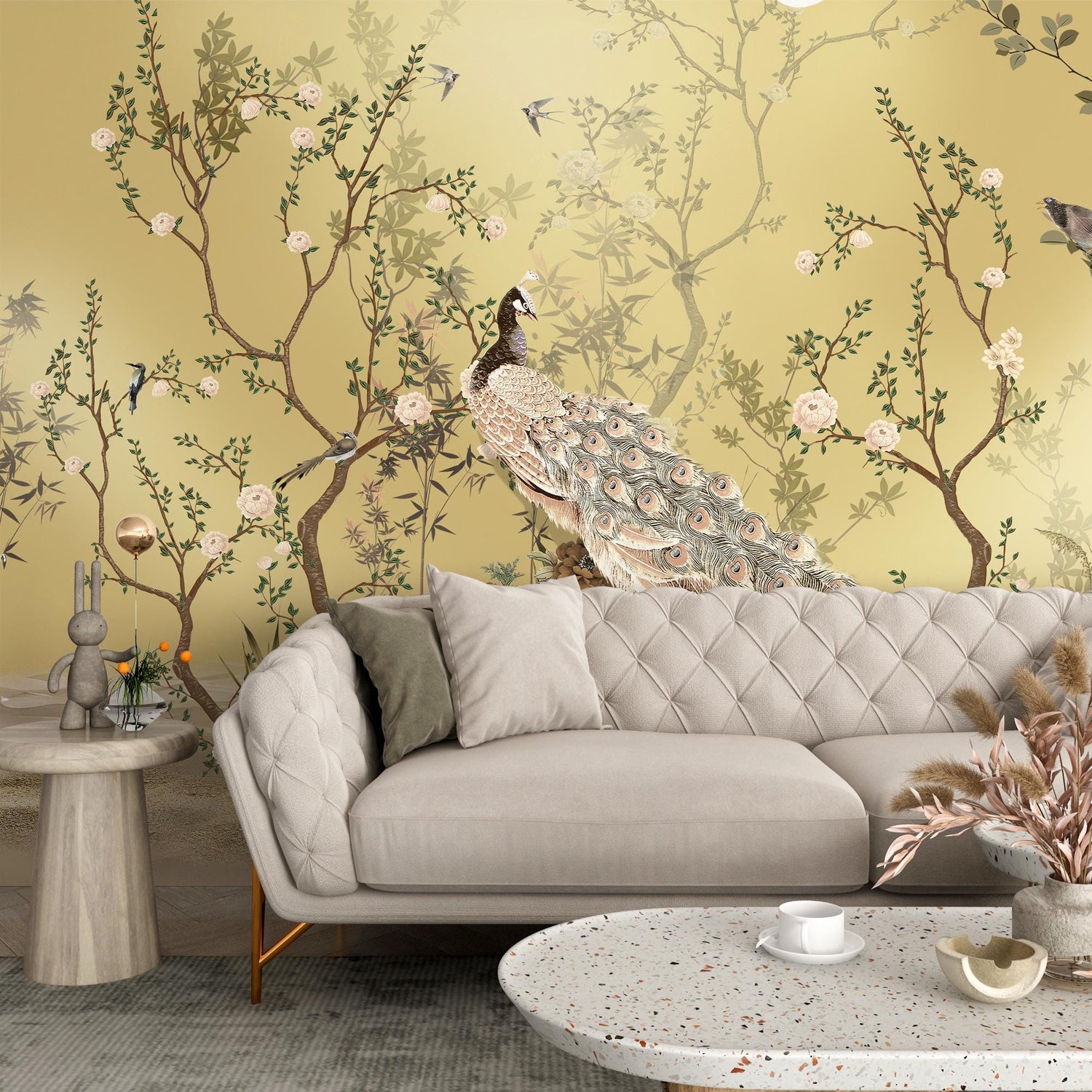 Chinoiserie Wallpaper, Blush and Gold Oriental wall Paper, Peel and Stick, Bird and Flowers Wallpaper, Asian Wall Mural, Papier Peint