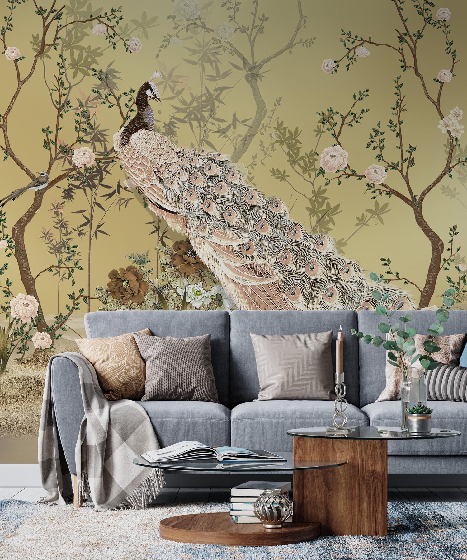 Chinoiserie Wallpaper, Blush and Gold Oriental wall Paper, Peel and Stick, Bird and Flowers Wallpaper, Asian Wall Mural, Papier Peint