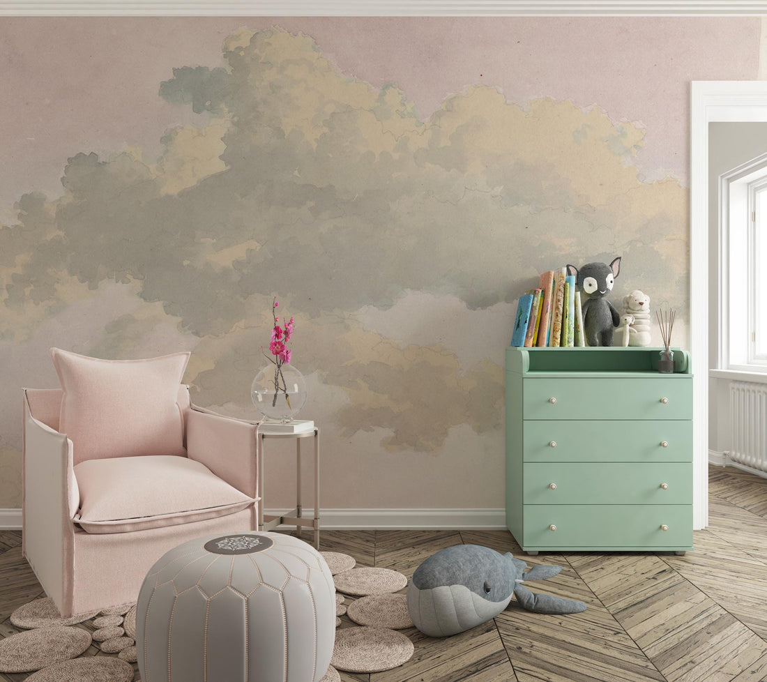 Pink Color Clouds Wallpaper, Girl Room Wallpaper Sky Peel and Stick Mural, Nursery Wall Decor, Removable Wallpaper, Home Decor, Wall Art