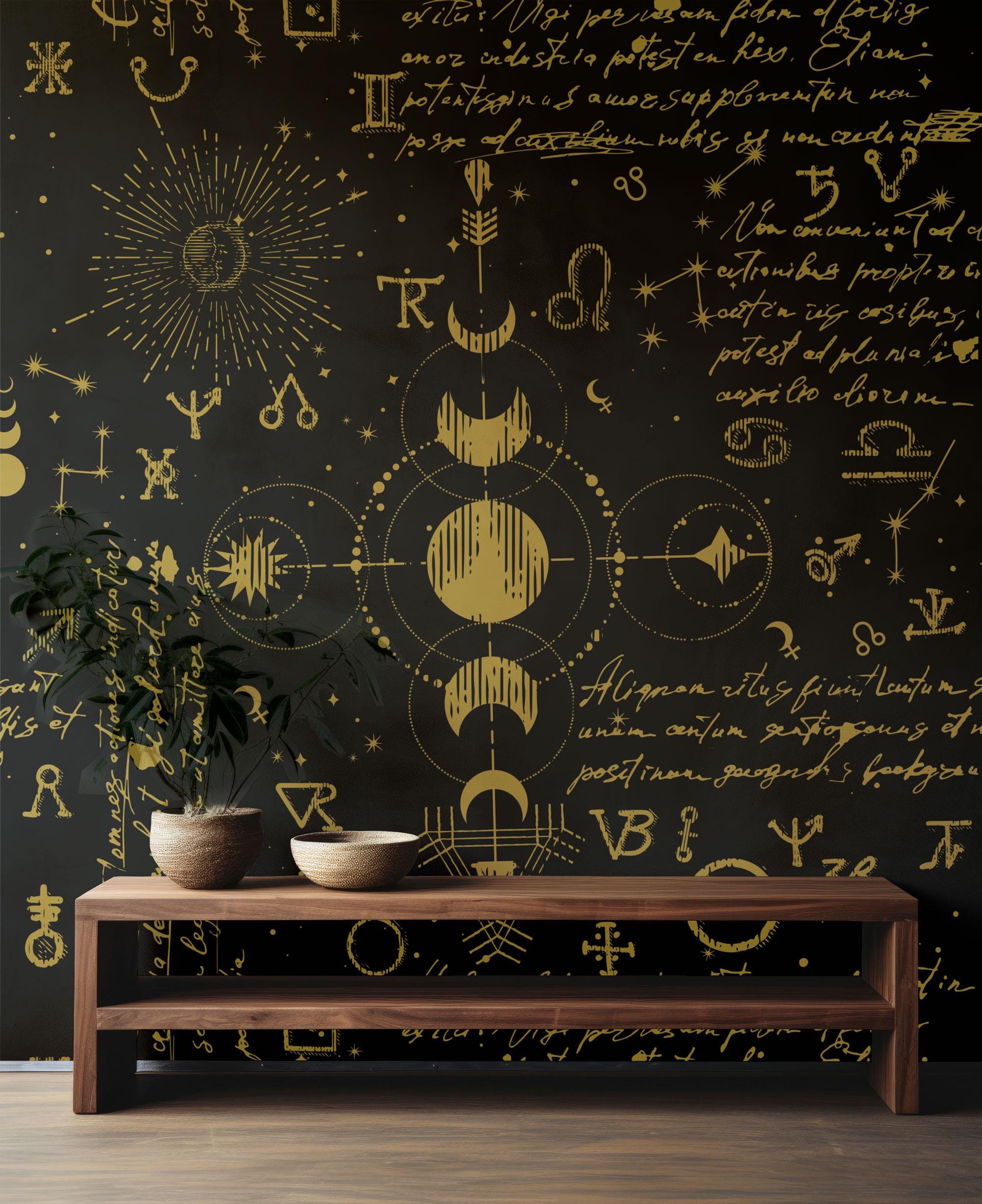 Occult Background Wallpaper, Peel and Stick Wallpaper, Seamless Pattern Wall Mural, Dark Astrology Wallpaper Moon And Sun, Home Decor