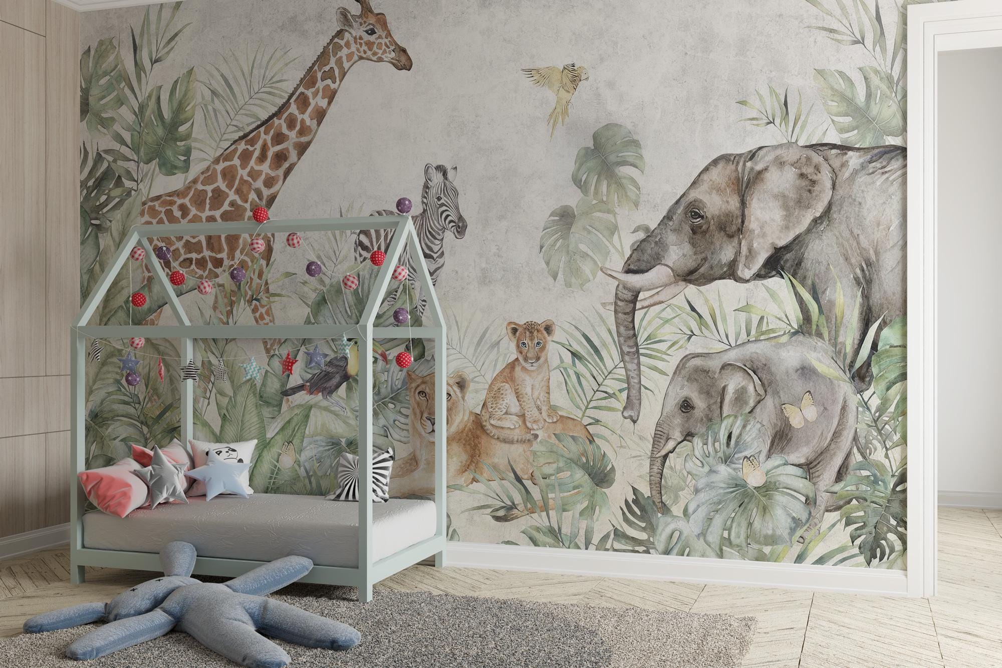 Wild Safari Kids Room Wallpaper, Peel and Stick Jungle Animals Nursery Baby Removable Wallpaper, Giraffe Wall Mural, Nursery Decor