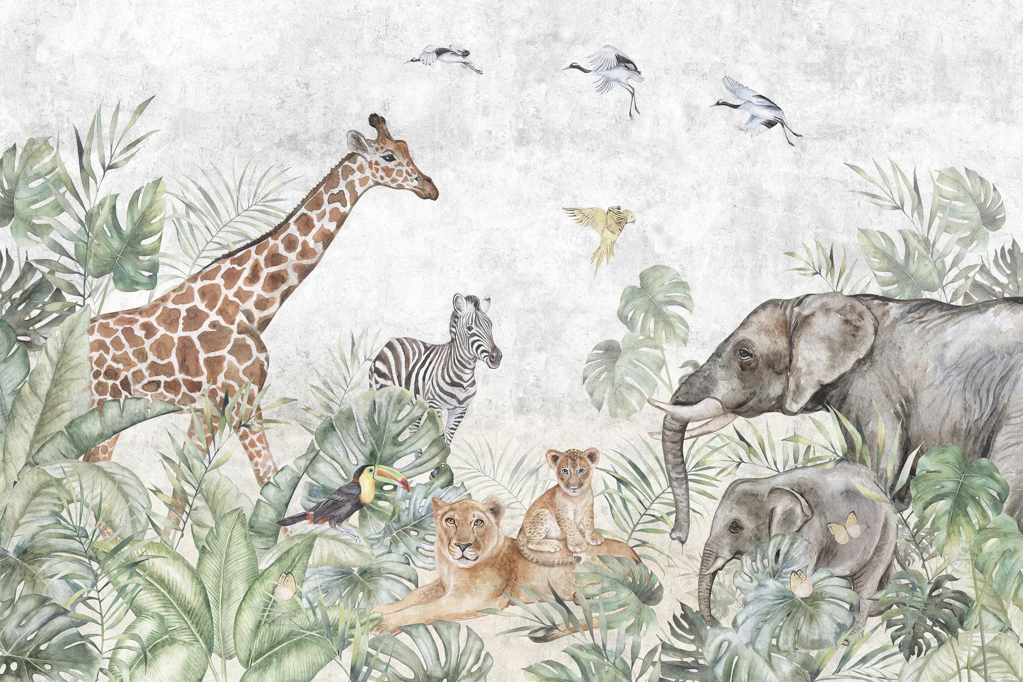 Wild Safari Kids Room Wallpaper, Peel and Stick Jungle Animals Nursery Baby Removable Wallpaper, Giraffe Wall Mural, Nursery Decor