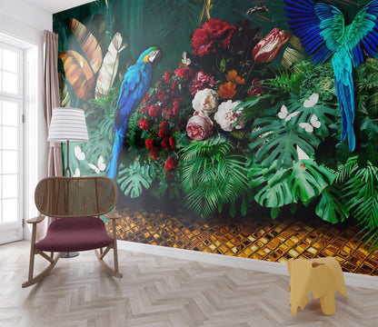 Tropical Parrot Wallpaper, Bird Flower Wallpaper, Peel and Stick Wallpaper, Family Living Room Bedroom, Customized Tropical Mural