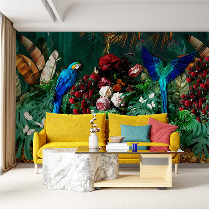 Tropical Parrot Wallpaper, Bird Flower Wallpaper, Peel and Stick Wallpaper, Family Living Room Bedroom, Customized Tropical Mural