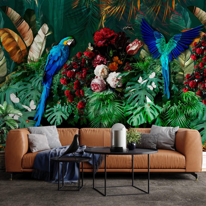 Tropical Parrot Wallpaper, Bird Flower Wallpaper, Peel and Stick Wallpaper, Family Living Room Bedroom, Customized Tropical Mural