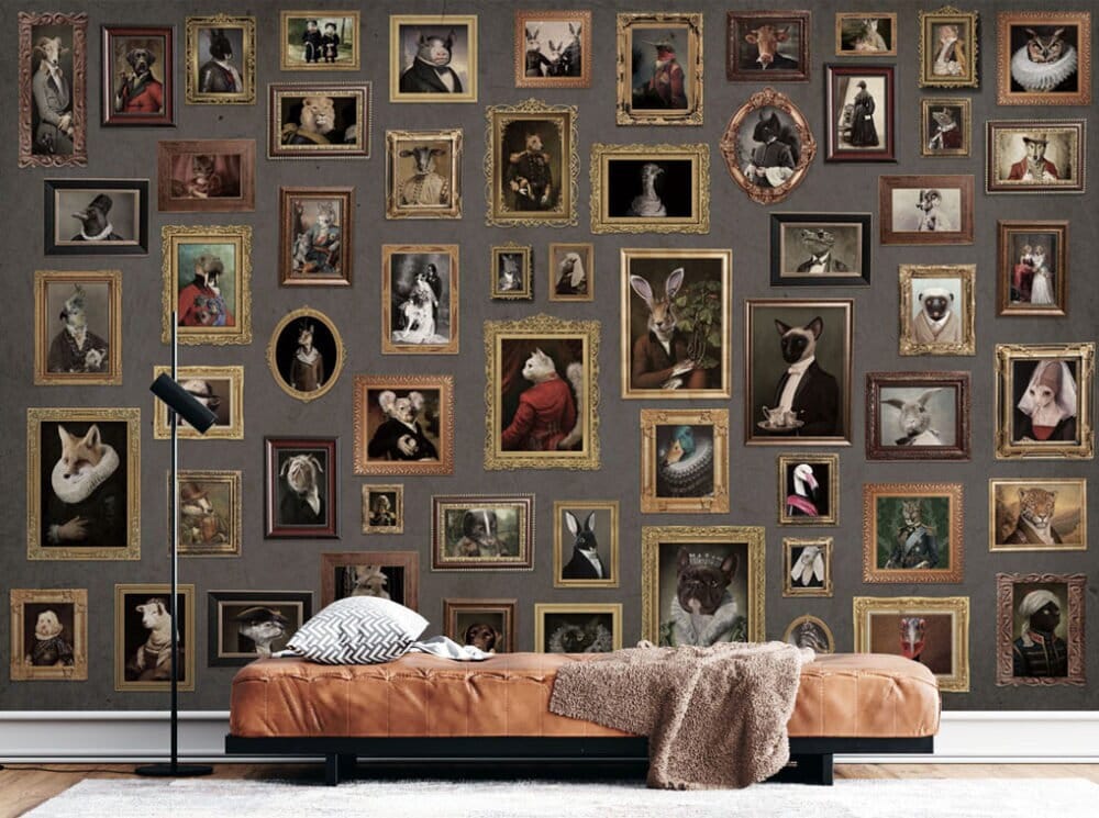 Cute Animals In Frames Wallpaper , Animals Walpaper, Peel and Stick Wallpaper, Frames On Gray Backgraund Mural, Animals Portrait Wallpaper