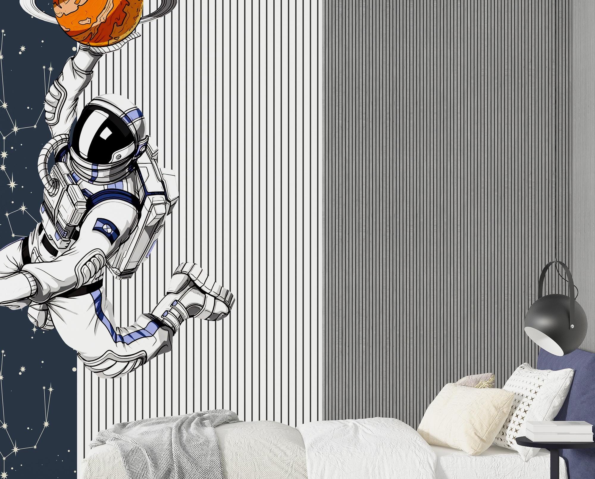 Astronaut And Basketball Wallpaper, Peel and Stick Space Wallpaper, Kid Boy Room Decor, Planets Wallpaper, Nursey Wall Decor Kids Wall Mural