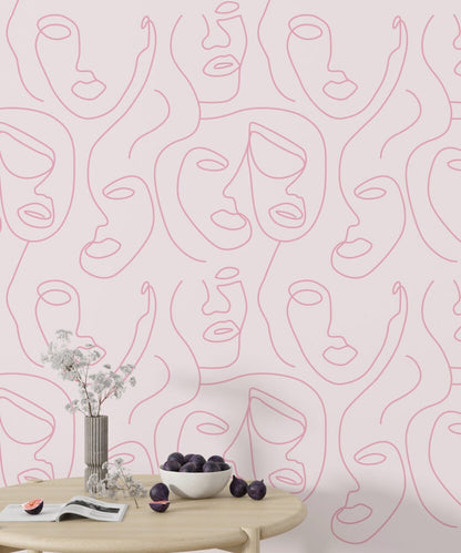 Abstract Female Face Wallpaper, Minimalist Line Art , Abstract Human Face Wallpaper - Self Adhesive, Pink Background Minimalist Face Line