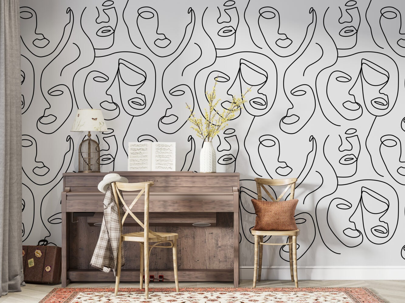 Gray Background Minimalist Face Line,  Female Face Wallpaper, Minimalist Line Art , Abstract Human Face Wallpaper , peel and stick, Pattern