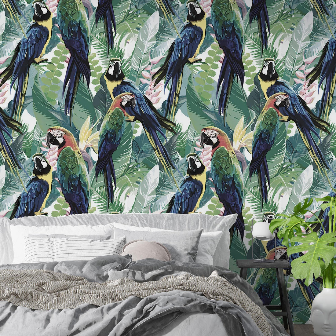 Parrots and Exotic Flowers Wallpaper, Green Leaf Wall Mural, Peel and Stick, Home Decor, Removable Wallpaper, Colorful Birds Wallpaper