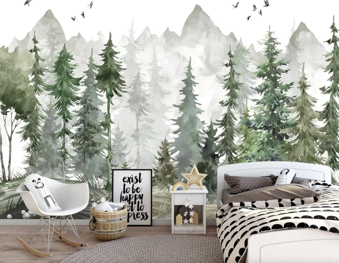 Mountain and Trees Peel and Stick Wall Mural, Kids Wallpaper, Removable Wallpaper, Nursery Room Decor, Child Room Forest Decal