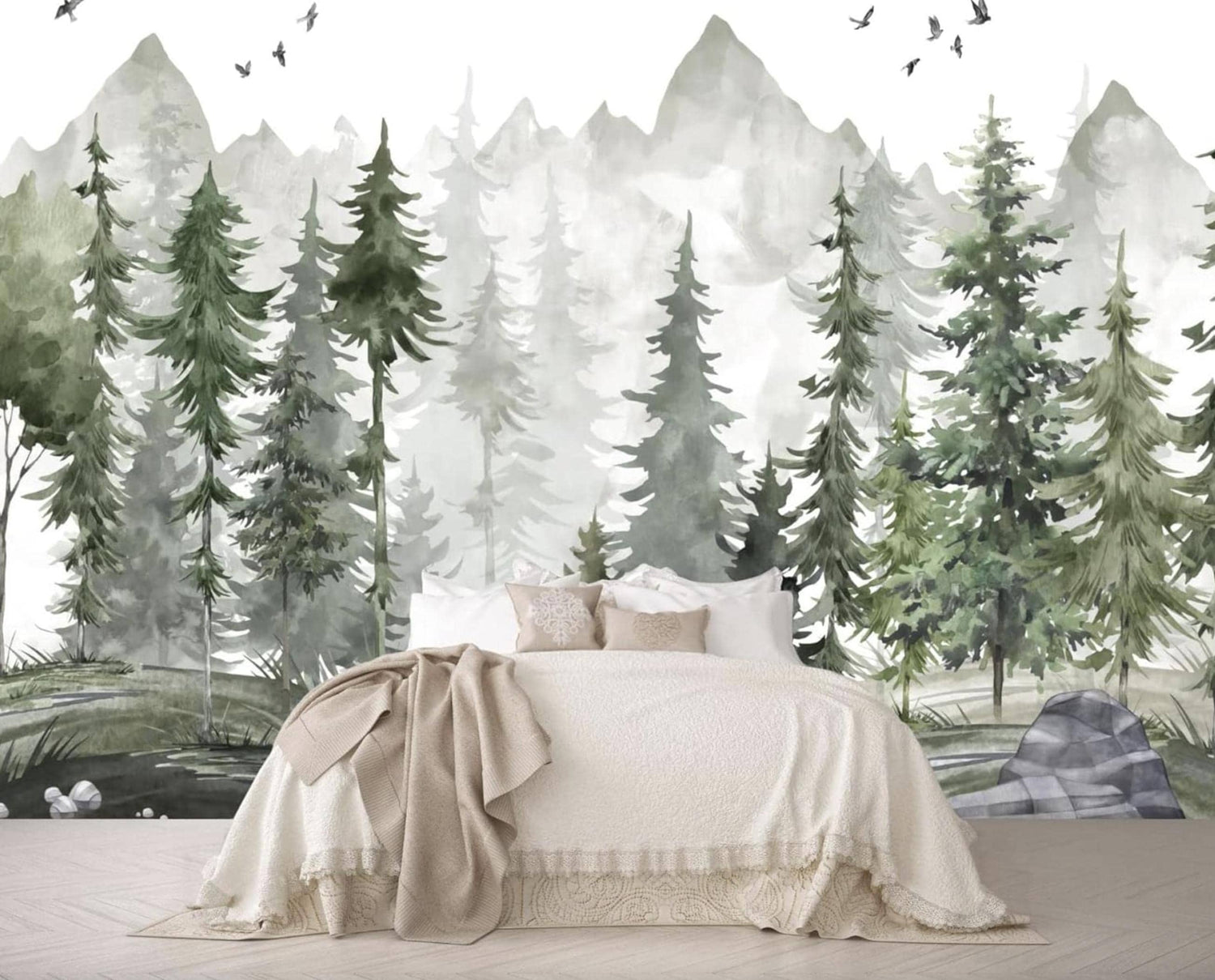 Mountain and Trees Peel and Stick Wall Mural, Kids Wallpaper, Removable Wallpaper, Nursery Room Decor, Child Room Forest Decal