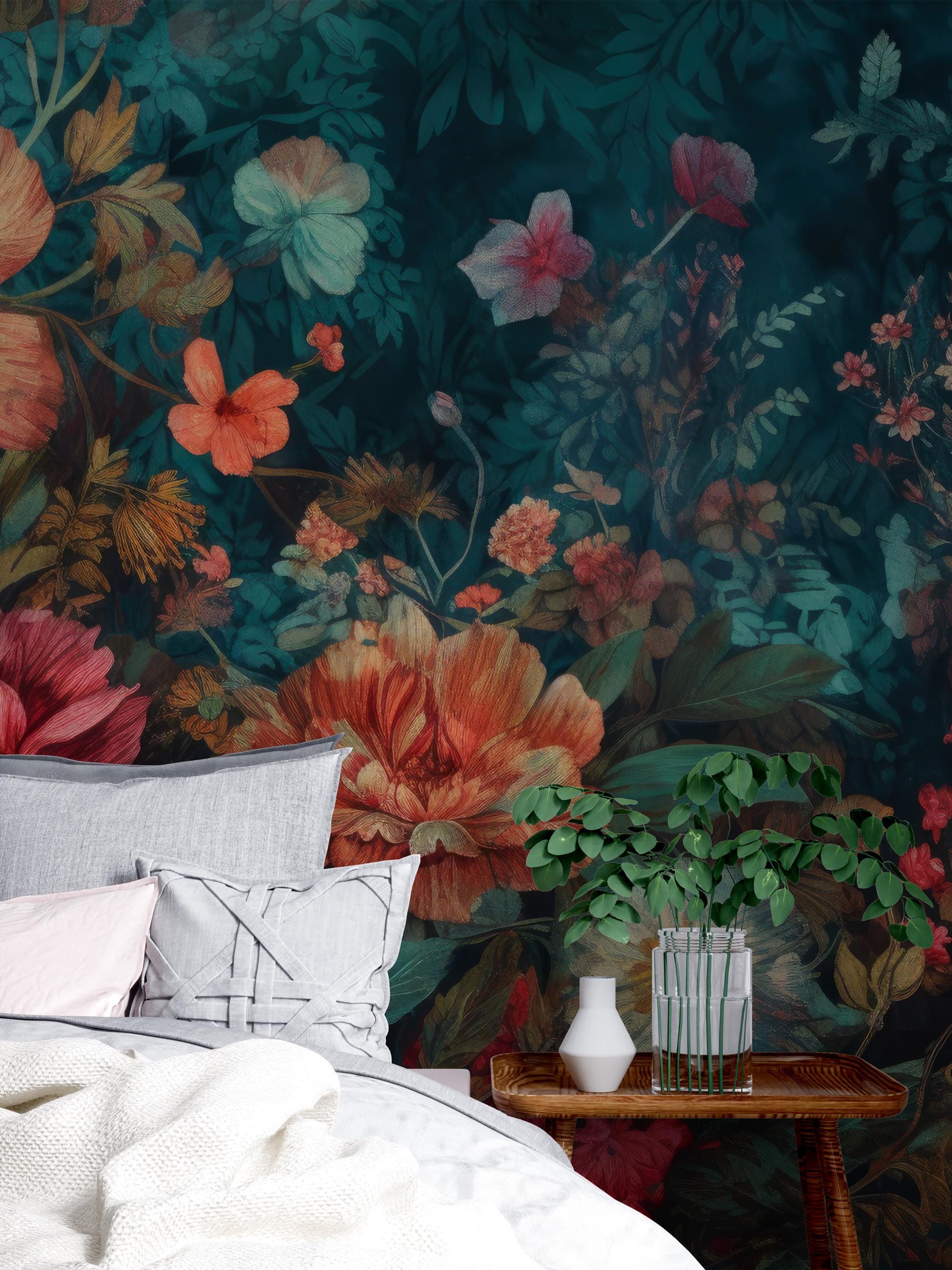 Floral Dreams Wallpaper, Floral Murals, Flowers and Lush Foliage Wallpaper, Peony Flower Mural Wallpaper Peel and Stick, Home Decor,