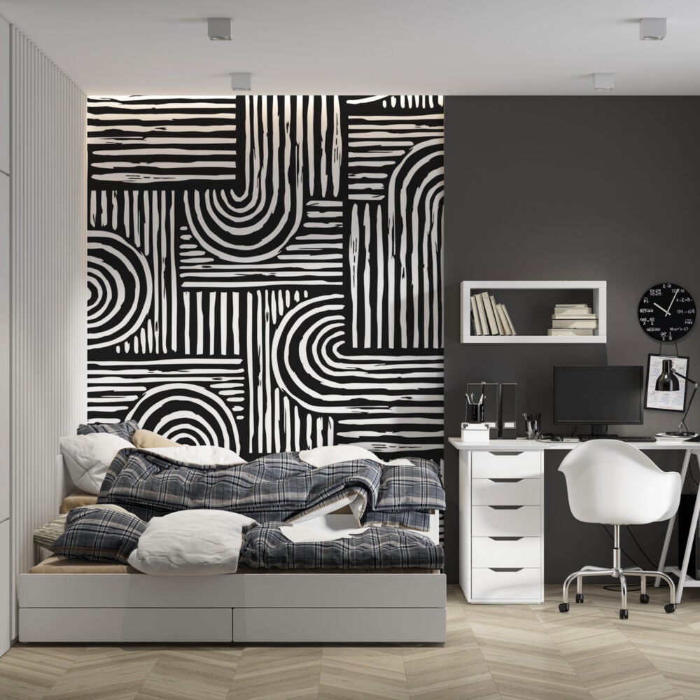 Abstract Geometric Style Wallpaper, Black and White Mural , Peel and Stick Wallpaper, Linear Wallpaper, Modern Style Mural with Bold Stripes