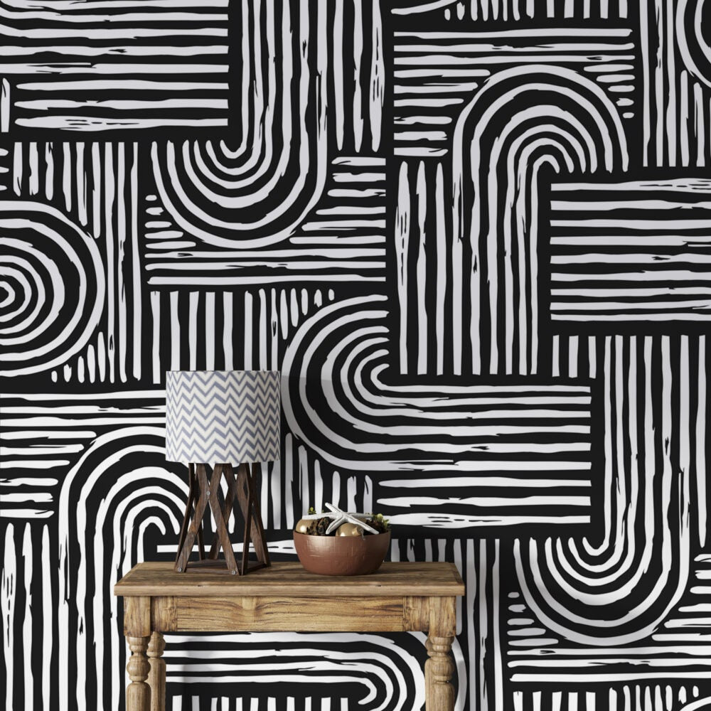 Abstract Geometric Style Wallpaper, Black and White Mural , Peel and Stick Wallpaper, Linear Wallpaper, Modern Style Mural with Bold Stripes