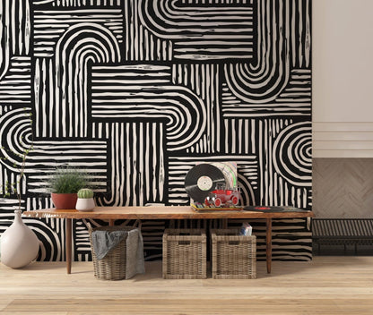 Abstract Geometric Style Wallpaper, Black and White Mural , Peel and Stick Wallpaper, Linear Wallpaper, Modern Style Mural with Bold Stripes