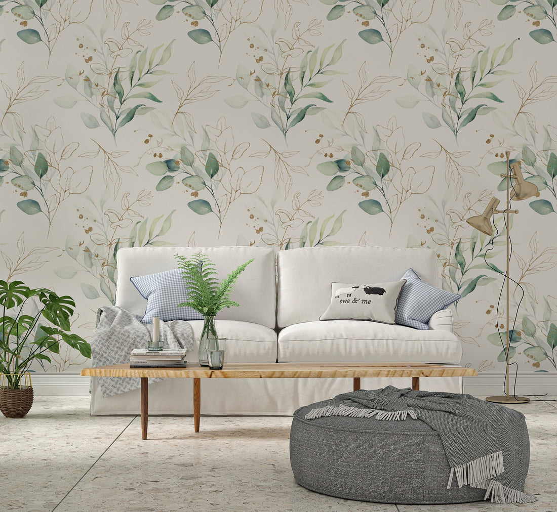 Floral Pattern Wallpaper, Leaves and Branches Mural, Watercolor Floral Pattern, Green and Golden Leaves Wallpaper, Botanical Wallpaper