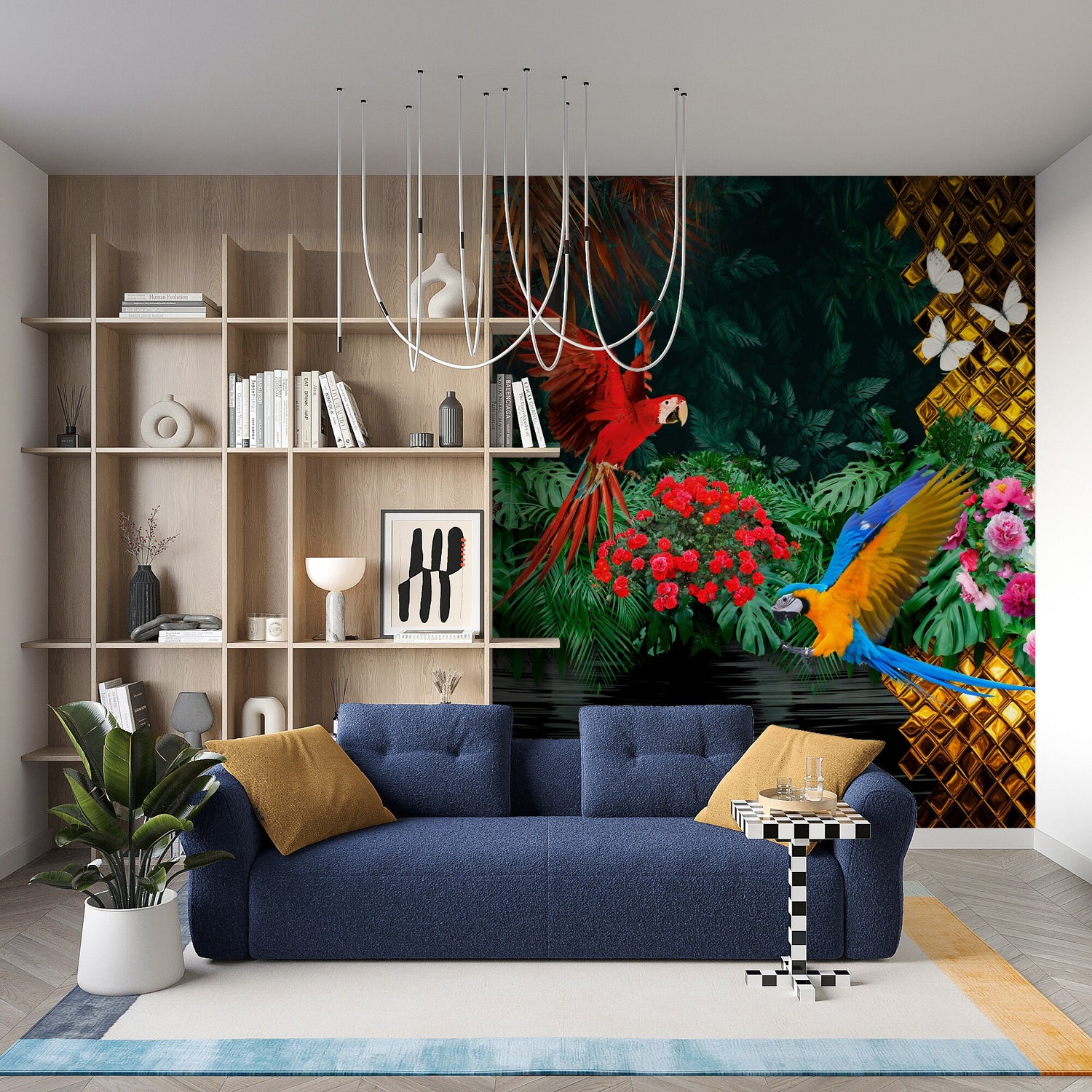 Tropical Colorful Flowers And Parrots Wallpaper, Flowers Pattern Mural, Tropical Landscape Wall Mural, Botanical Mural, Peel and Stick Mural