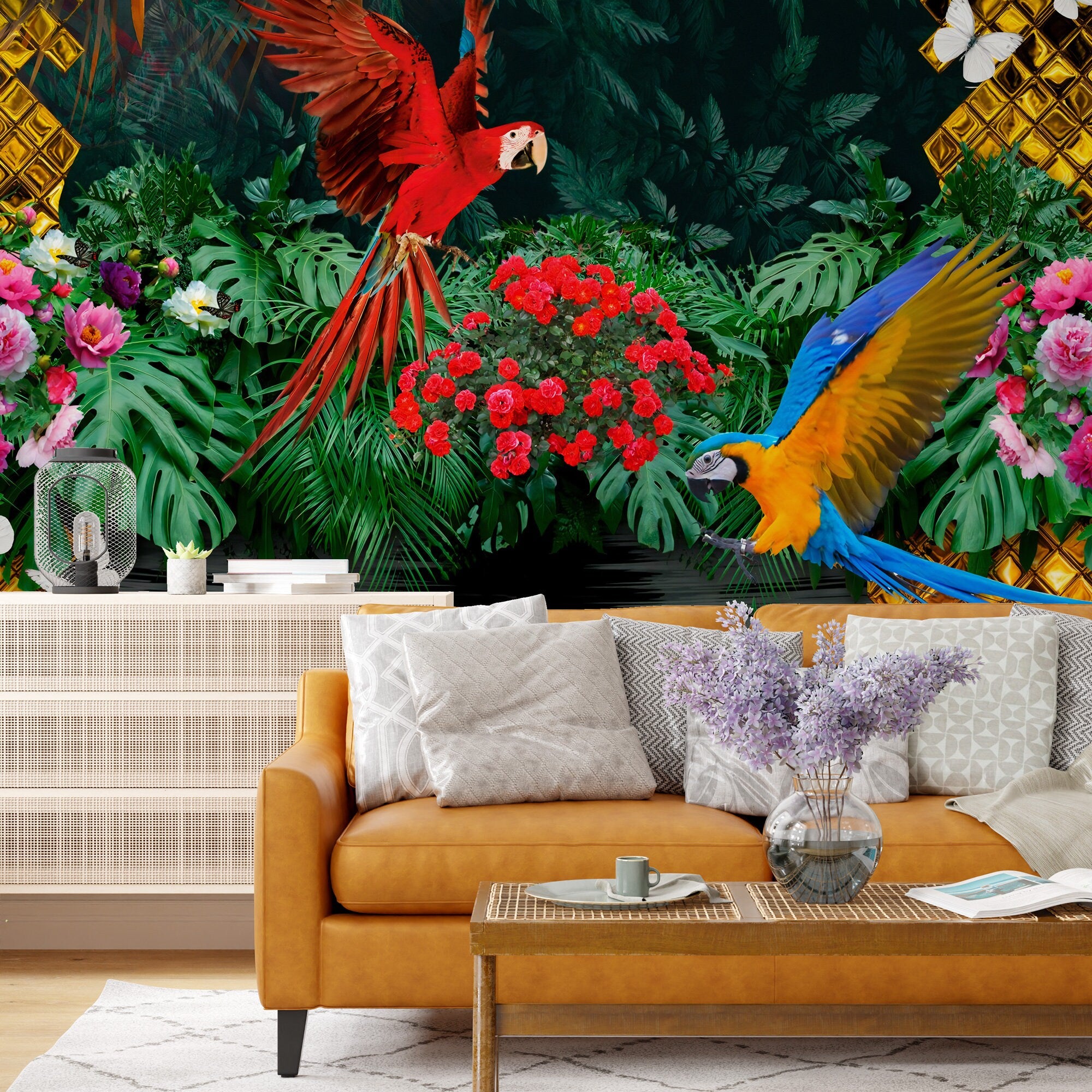 Tropical Colorful Flowers And Parrots Wallpaper, Flowers Pattern Mural, Tropical Landscape Wall Mural, Botanical Mural, Peel and Stick Mural