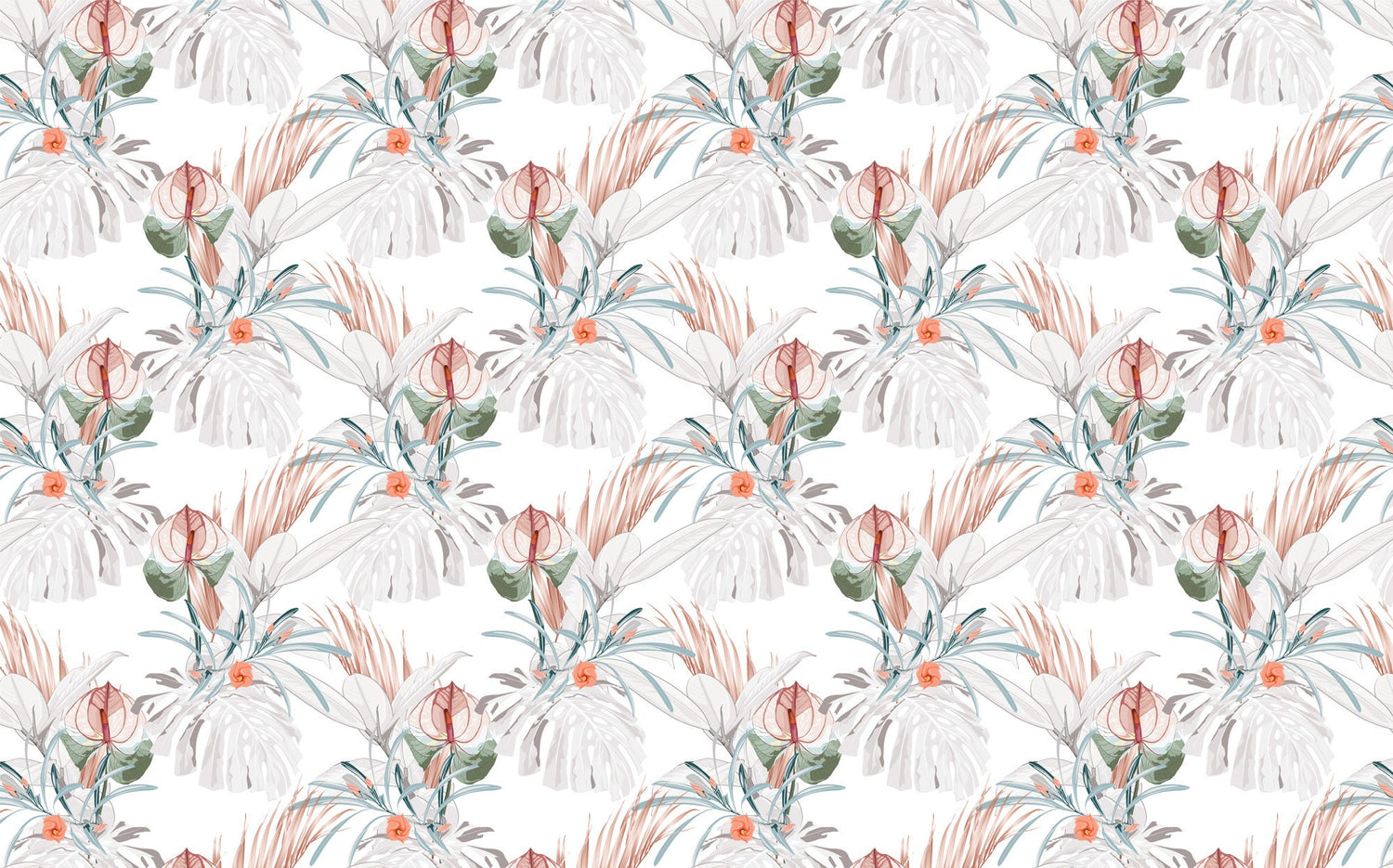 Seamless tropical exotic flowers Wallpaper ,  leaves pattern on light background, Exotic Flowers Mural , Vintage Motives ,Peel And Stick