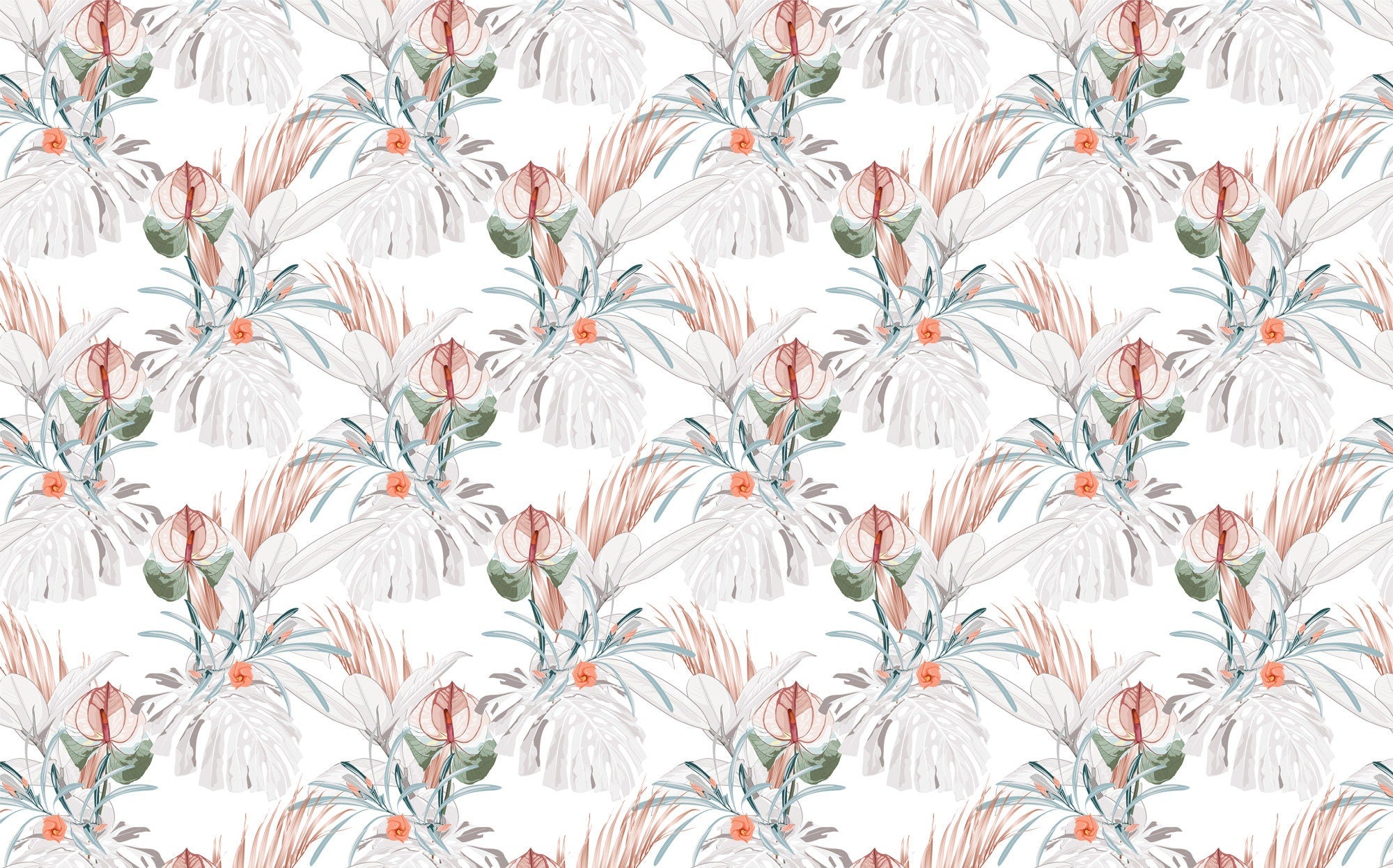 Seamless tropical exotic flowers Wallpaper ,  leaves pattern on light background, Exotic Flowers Mural , Vintage Motives ,Peel And Stick