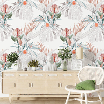 Seamless tropical exotic flowers Wallpaper ,  leaves pattern on light background, Exotic Flowers Mural , Vintage Motives ,Peel And Stick