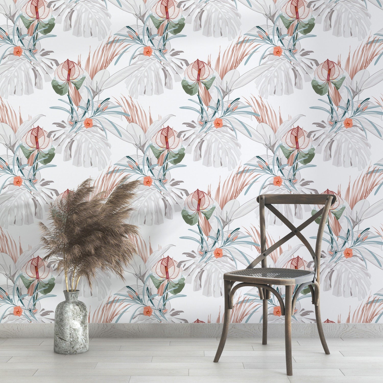 Seamless tropical exotic flowers Wallpaper ,  leaves pattern on light background, Exotic Flowers Mural , Vintage Motives ,Peel And Stick