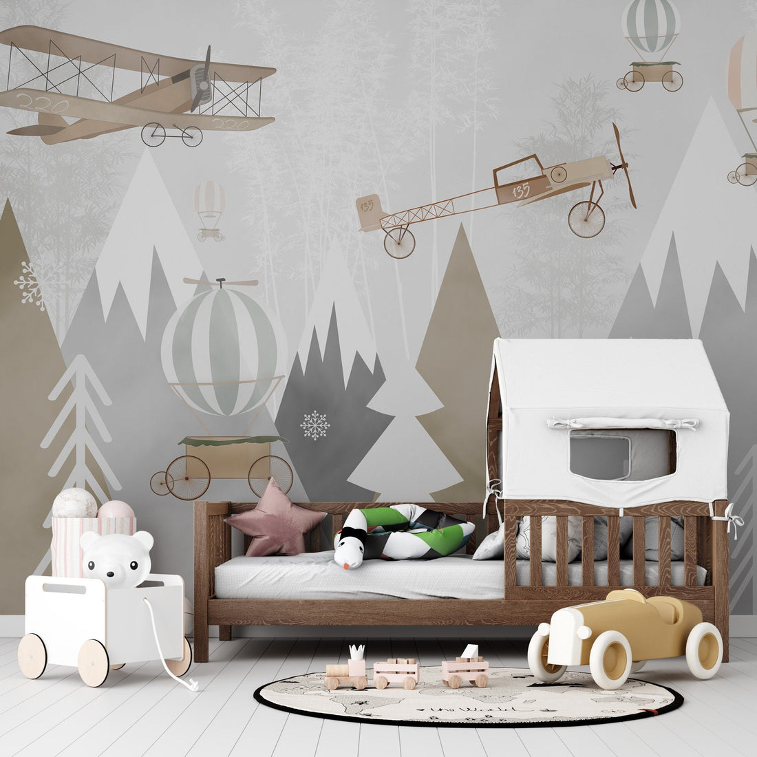 Vintage Airplanes Wallpaper, Montains and Pine Tree, Peel And Stick, Wall Decoration Removable, Retro Airplanes for Kids Room, Nursery Mural