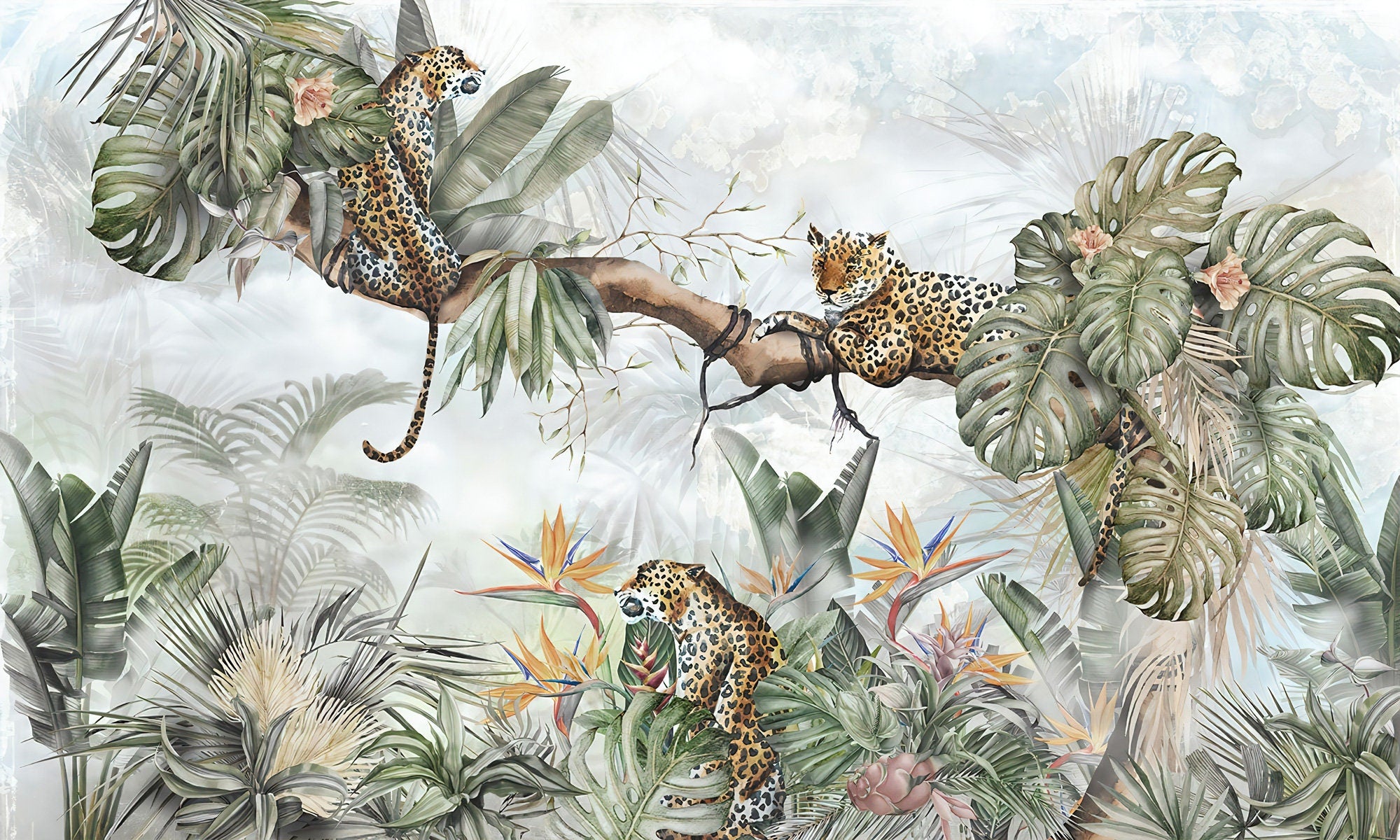 Tigers and Tropical Trees  Wallpaper, Flora and Fauna Mural , Peel And Stick, Wall Decoration Removable, Jungle Wallpaper, Jungel Animals