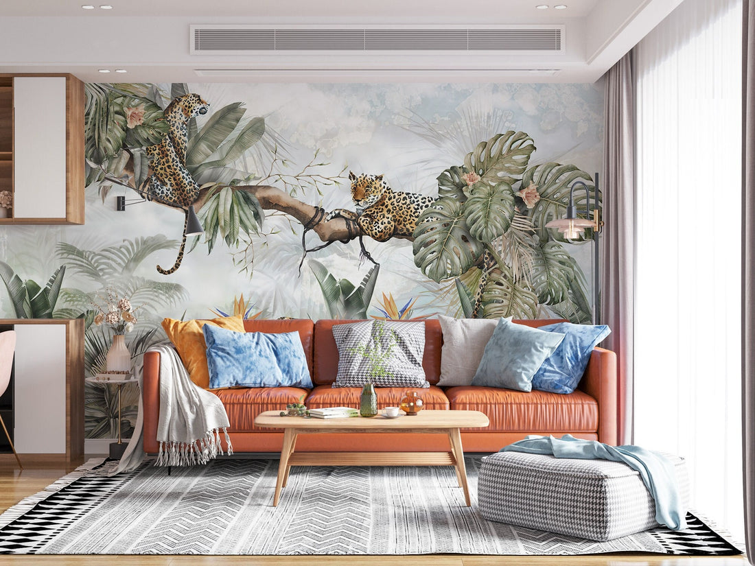 Tigers and Tropical Trees  Wallpaper, Flora and Fauna Mural , Peel And Stick, Wall Decoration Removable, Jungle Wallpaper, Jungel Animals