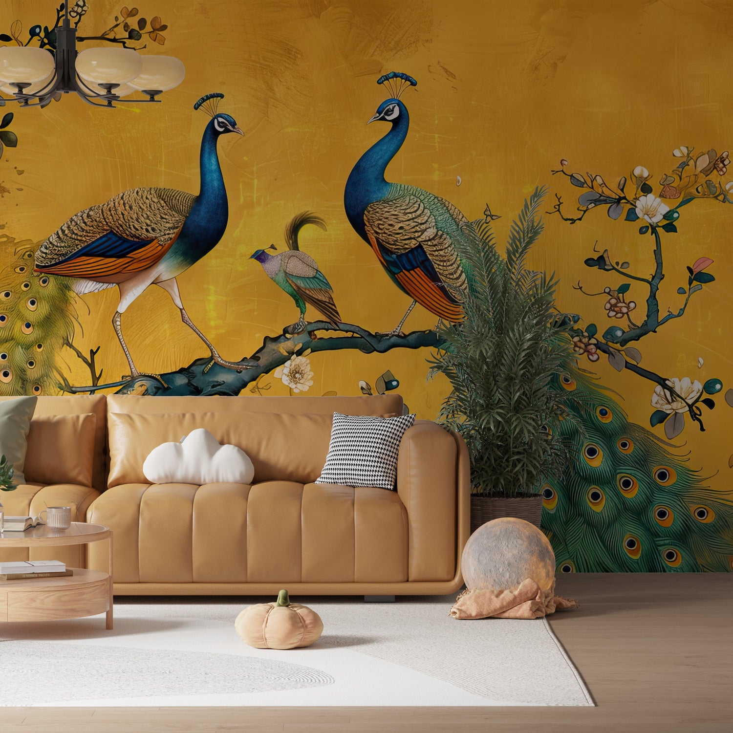 Double Peacocks Wallpaper, Birds on a Tree Branch Wallpaper, Chinoiserie Flowers and Birds Wallpaper, Peel and Stick Wallpaper, Asian Mural