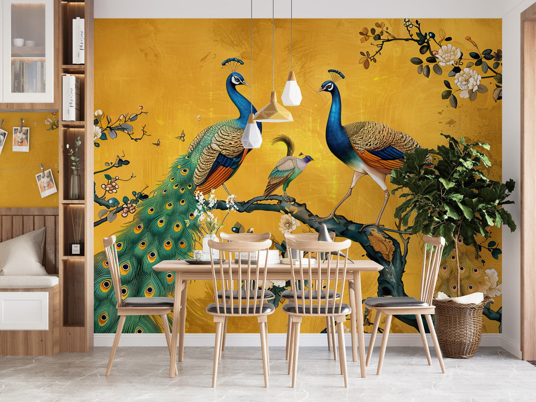 Double Peacocks Wallpaper, Birds on a Tree Branch Wallpaper, Chinoiserie Flowers and Birds Wallpaper, Peel and Stick Wallpaper, Asian Mural