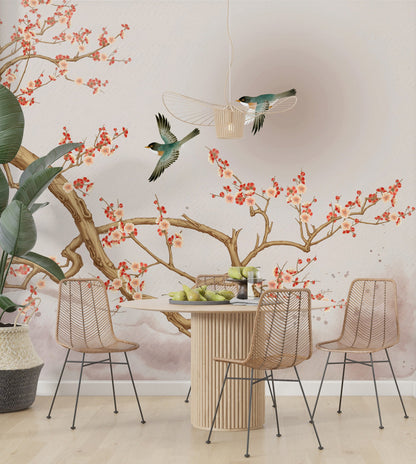 Sakura Flowering Tree and Birds Wallpaper, Birds on a Tree Branch Wallpaper, Chinoiserie Flowers Wallpaper, Peel and Stick Wallpaper