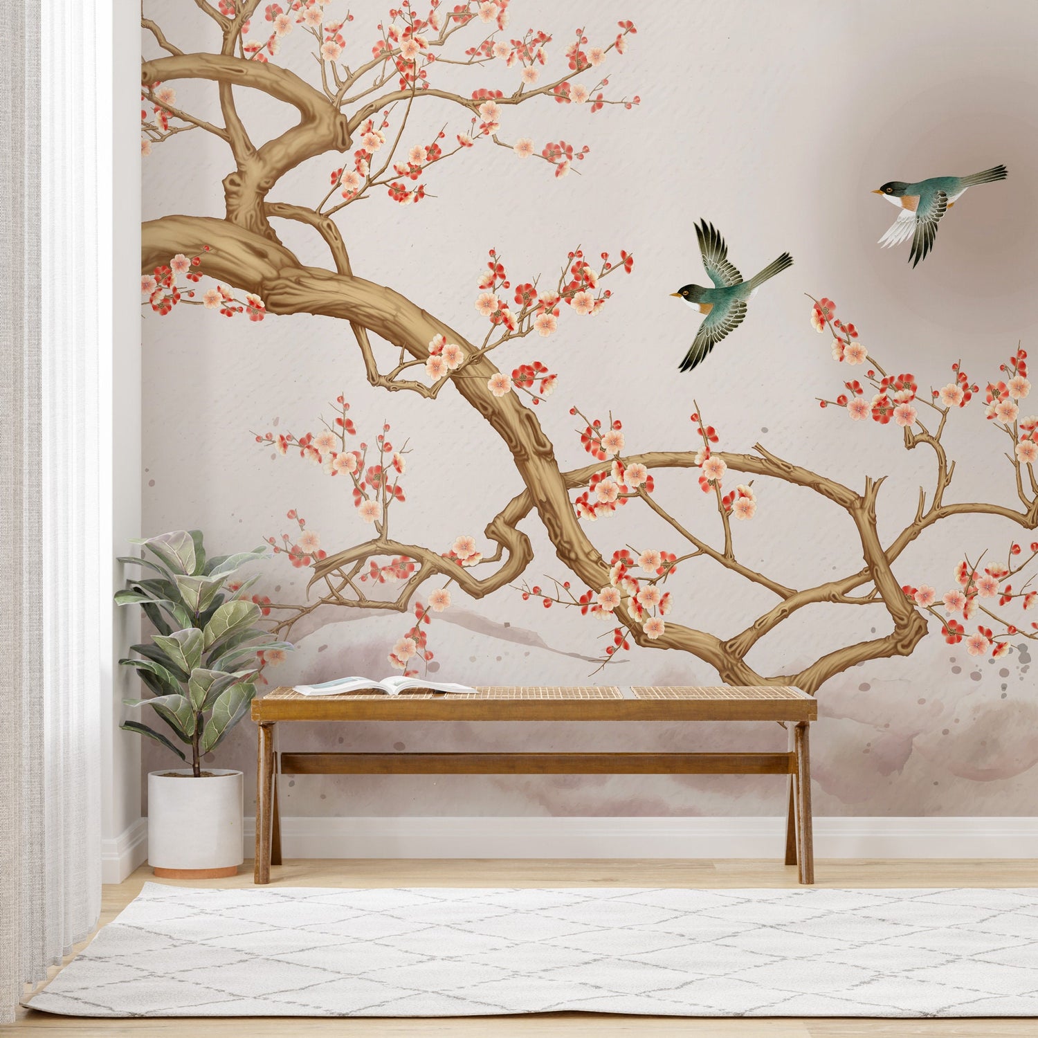 Sakura Flowering Tree and Birds Wallpaper, Birds on a Tree Branch Wallpaper, Chinoiserie Flowers Wallpaper, Peel and Stick Wallpaper