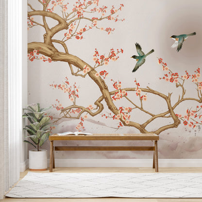 Sakura Flowering Tree and Birds Wallpaper, Birds on a Tree Branch Wallpaper, Chinoiserie Flowers Wallpaper, Peel and Stick Wallpaper