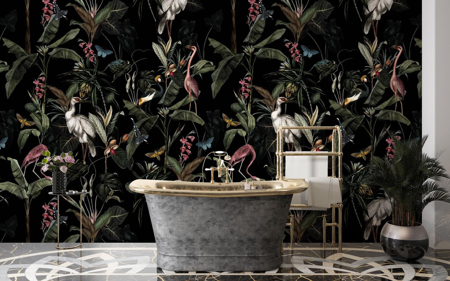 Dark Heron Wallpaper, Enchanted Night Garden Wallpaper, Tropical Bird Wallpaper, Peel and Stick Wall Mural, Removable Wallpaper