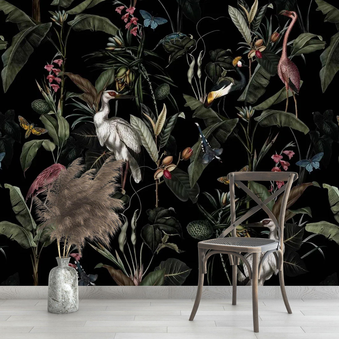 Dark Heron Wallpaper, Enchanted Night Garden Wallpaper, Tropical Bird Wallpaper, Peel and Stick Wall Mural, Removable Wallpaper