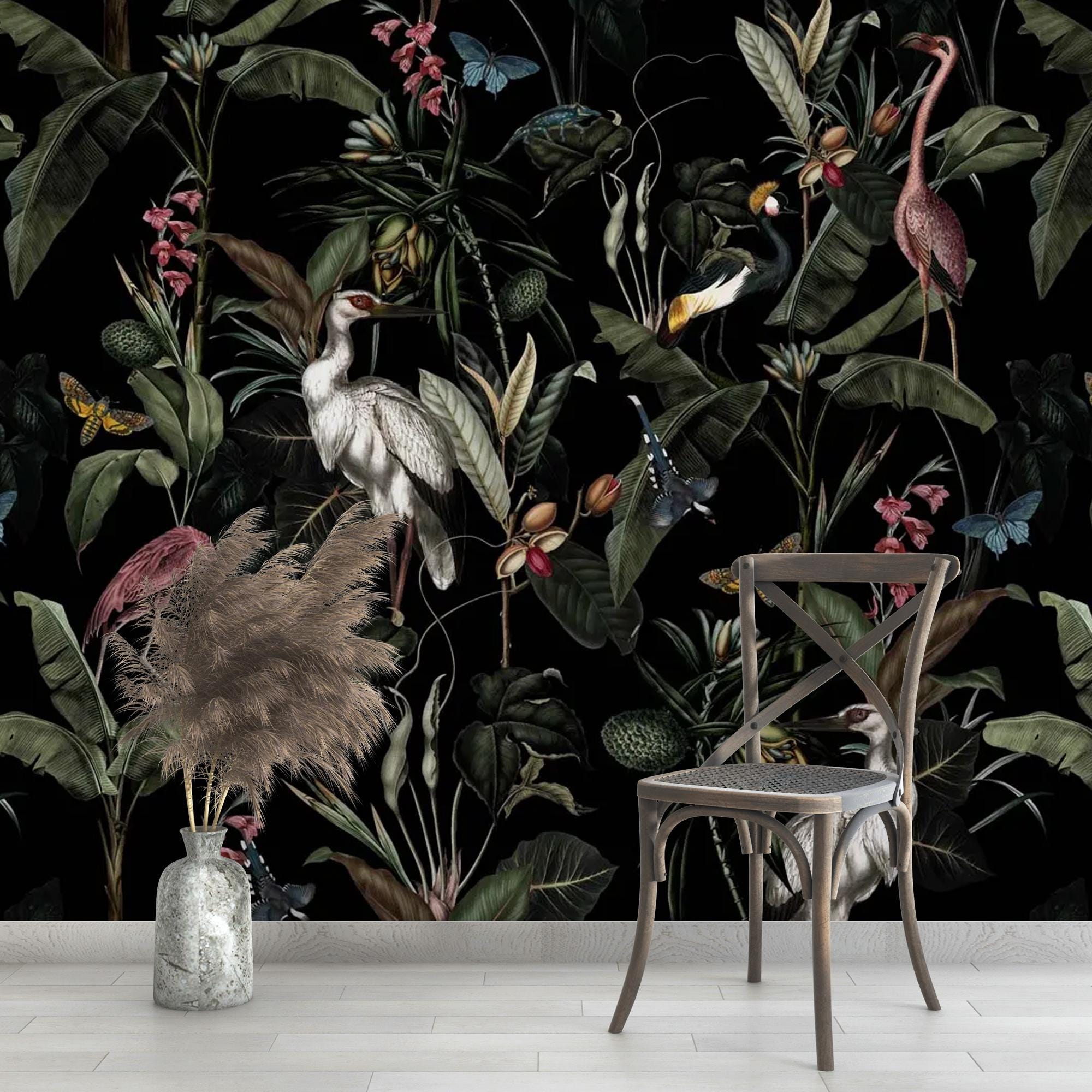 Dark Heron Wallpaper, Enchanted Night Garden Wallpaper, Tropical Bird Wallpaper, Peel and Stick Wall Mural, Removable Wallpaper