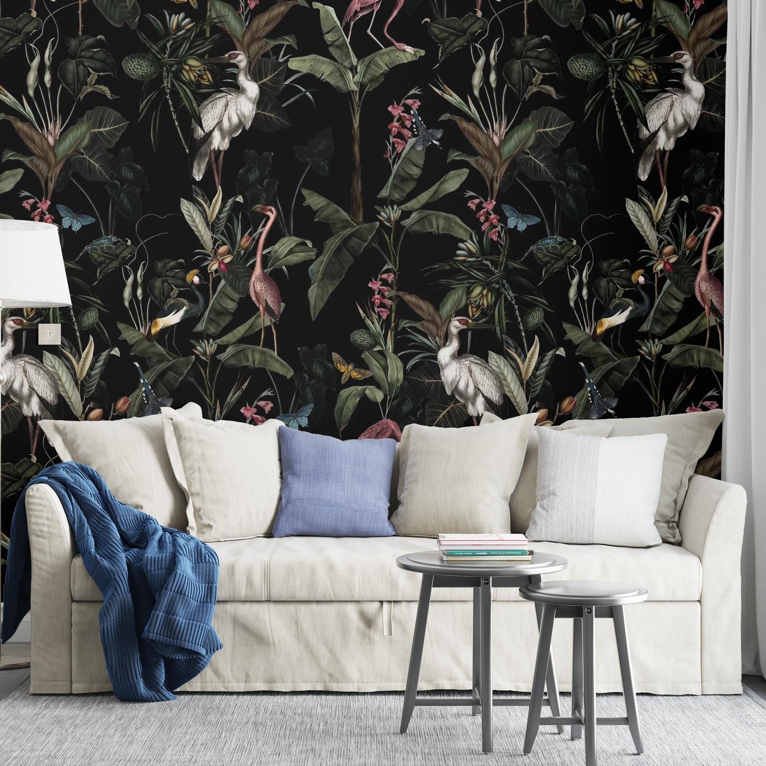 Dark Heron Wallpaper, Enchanted Night Garden Wallpaper, Tropical Bird Wallpaper, Peel and Stick Wall Mural, Removable Wallpaper