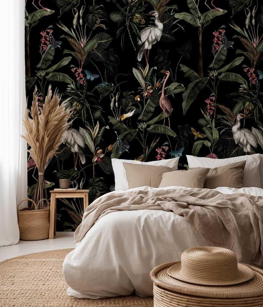 Dark Heron Wallpaper, Enchanted Night Garden Wallpaper, Tropical Bird Wallpaper, Peel and Stick Wall Mural, Removable Wallpaper