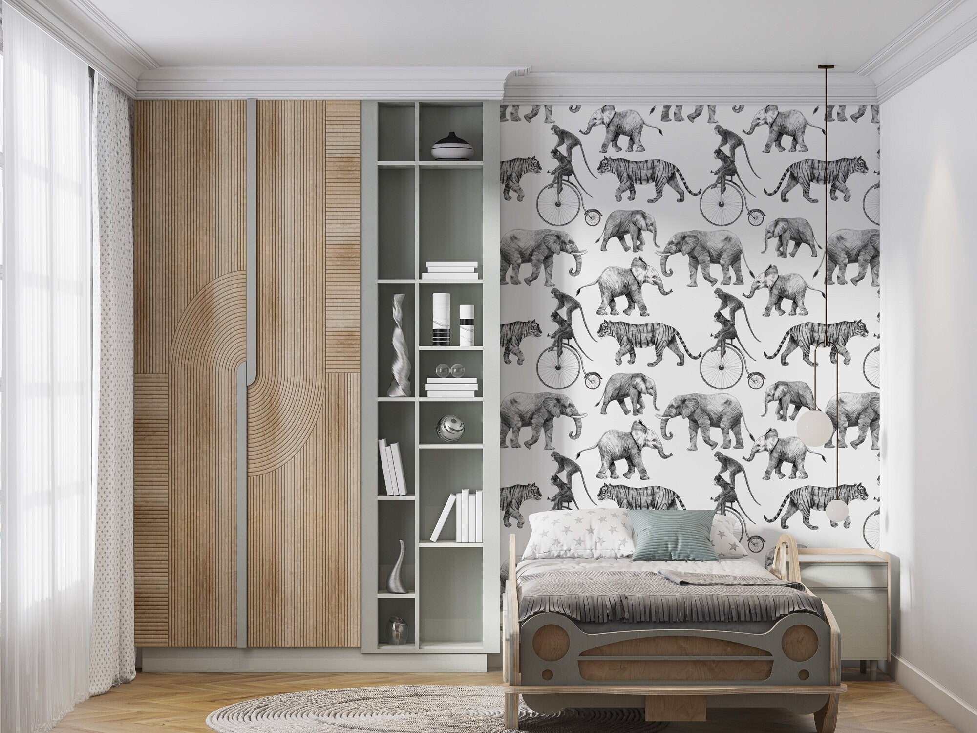 Animals Wallpaper, Elephants and Monkey, Nursery Room Decor