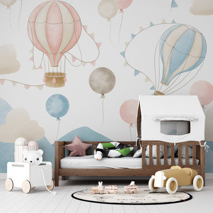 Hot Air Balloon Wallpaper, Peel And Stick, Air balloon Mural, Kids Wall Mural , Nursery Wallpaper ,Watercolor Hot Air Balloon For Kids Mural