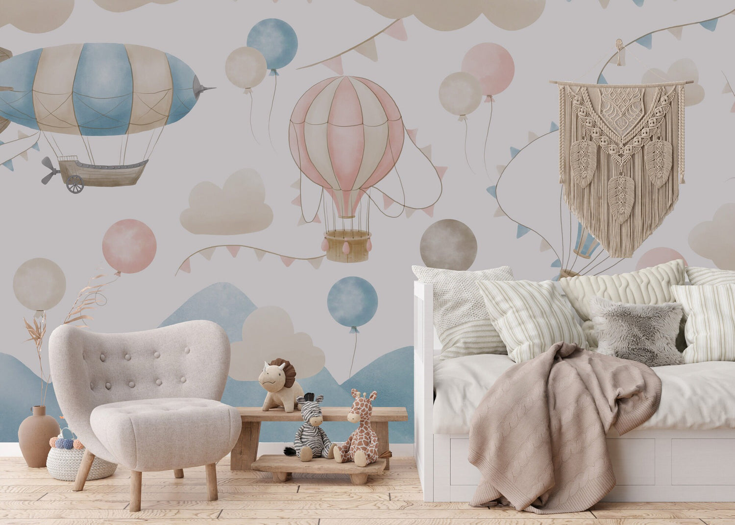 Hot Air Balloon Wallpaper, Peel And Stick, Air balloon Mural, Kids Wall Mural , Nursery Wallpaper ,Watercolor Hot Air Balloon For Kids Mural