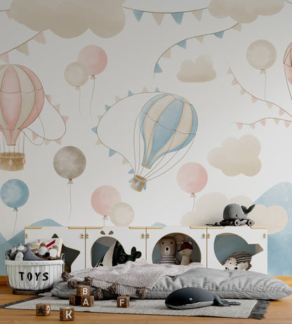 Hot Air Balloon Wallpaper, Peel And Stick, Air balloon Mural, Kids Wall Mural , Nursery Wallpaper ,Watercolor Hot Air Balloon For Kids Mural